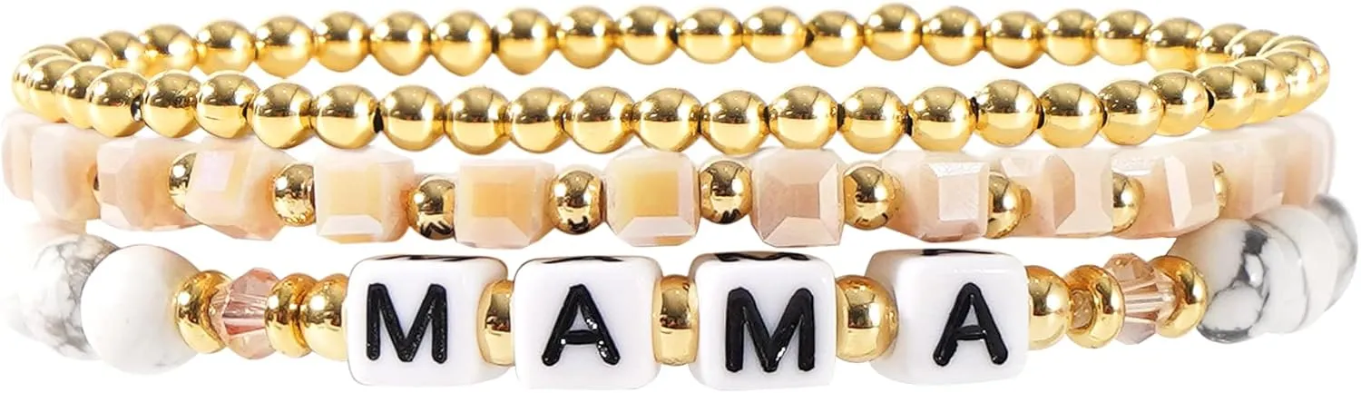 MAMA Bracelet Dainty Gold Crystal Beaded Bracelets Set for Women Stackable 14K Gold Plated Beads Nature Stone Layered Stretch Bracelets Mother's Day Gifts for Mom Grandmom