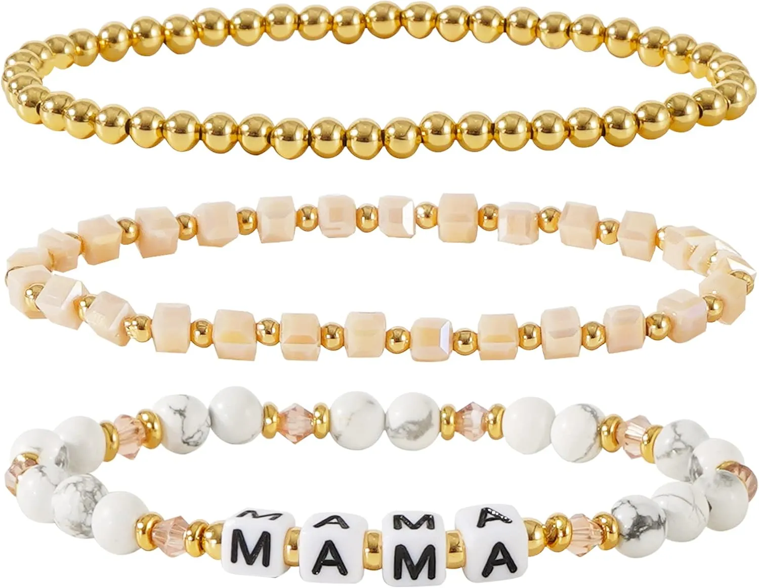 MAMA Bracelet Dainty Gold Crystal Beaded Bracelets Set for Women Stackable 14K Gold Plated Beads Nature Stone Layered Stretch Bracelets Mother's Day Gifts for Mom Grandmom