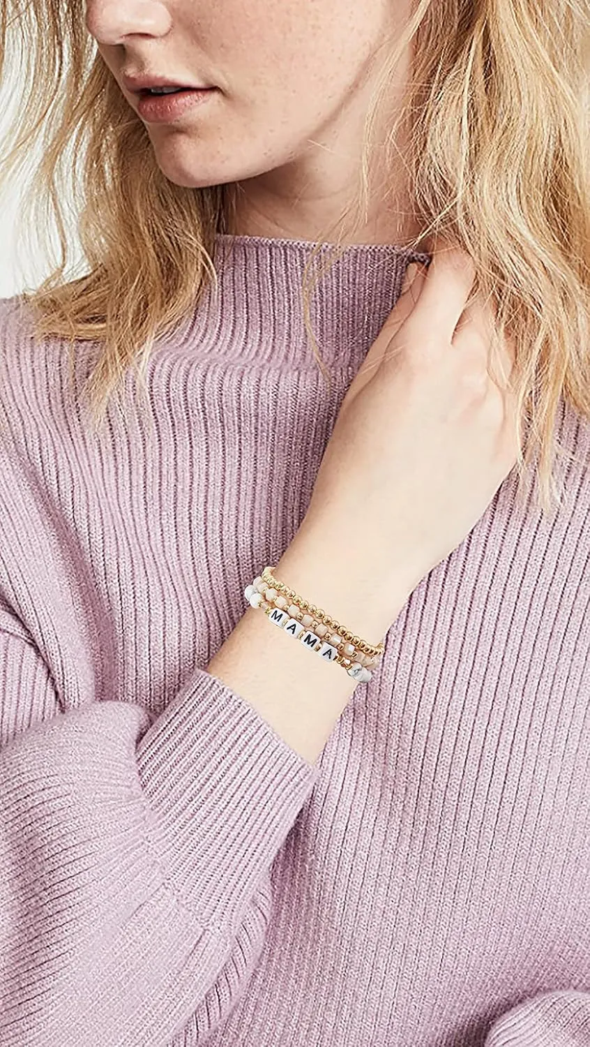 MAMA Bracelet Dainty Gold Crystal Beaded Bracelets Set for Women Stackable 14K Gold Plated Beads Nature Stone Layered Stretch Bracelets Mother's Day Gifts for Mom Grandmom