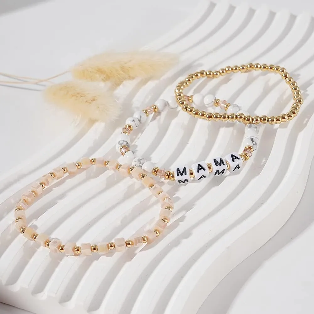 MAMA Bracelet Dainty Gold Crystal Beaded Bracelets Set for Women Stackable 14K Gold Plated Beads Nature Stone Layered Stretch Bracelets Mother's Day Gifts for Mom Grandmom