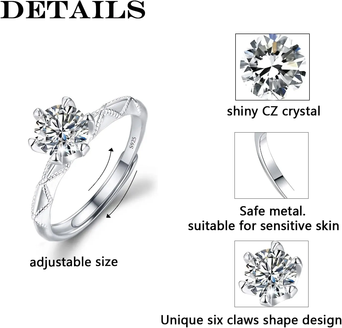 M&Ostyle 925Silver Moissanite Adjustable Engagement Ring, Promise Eternity Ring for Women,Wedding Rings,Jewelry Gift,Friendship Promise Fashion Jewelry Valentine Gifts for Women