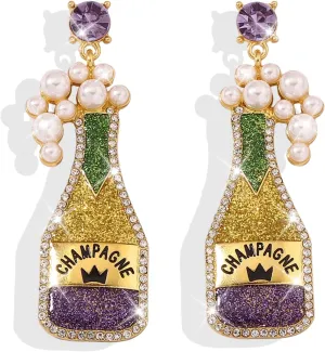 Mardi Gras Earrings for Women Beaded Champagne Bottle Earrings Mardi Gras Outfit Shirts Mask Accessories for Women Holiday Jewelry Gifts
