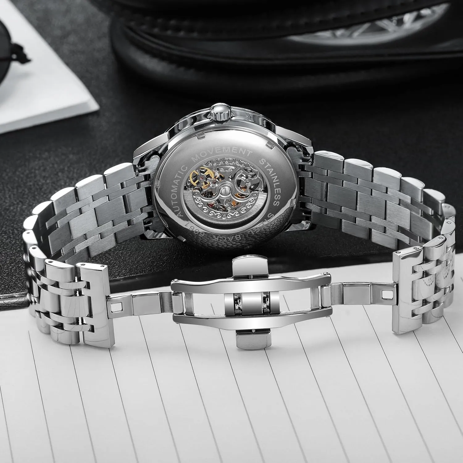 MASTOP Roulette Wheel Mens Watches Automatic Mechanical Watch for Men Swinging Rotary Dial Design Hollow Skeleton Watches Stainless Steel Waterproof Business Wristwatch