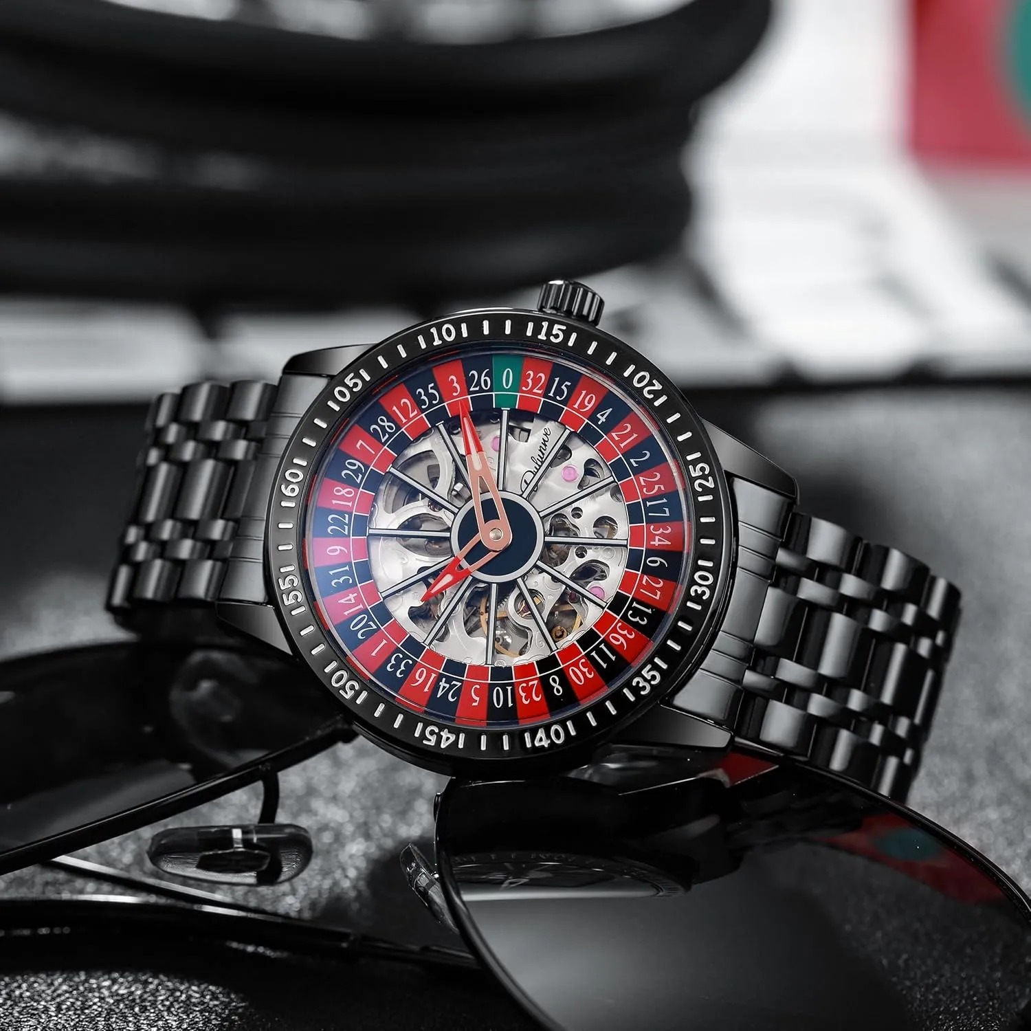 MASTOP Roulette Wheel Mens Watches Automatic Mechanical Watch for Men Swinging Rotary Dial Design Hollow Skeleton Watches Stainless Steel Waterproof Business Wristwatch