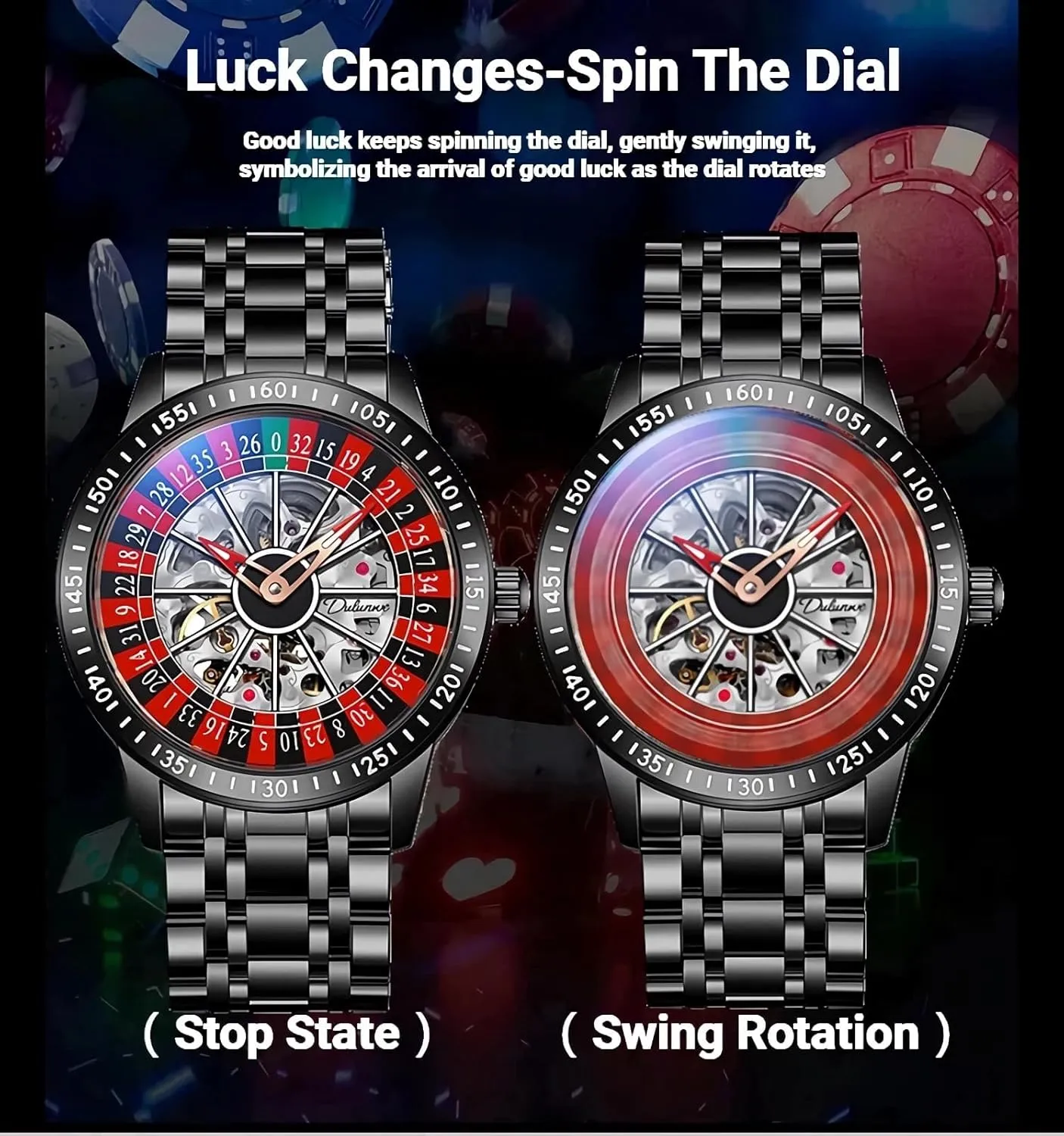 MASTOP Roulette Wheel Mens Watches Automatic Mechanical Watch for Men Swinging Rotary Dial Design Hollow Skeleton Watches Stainless Steel Waterproof Business Wristwatch