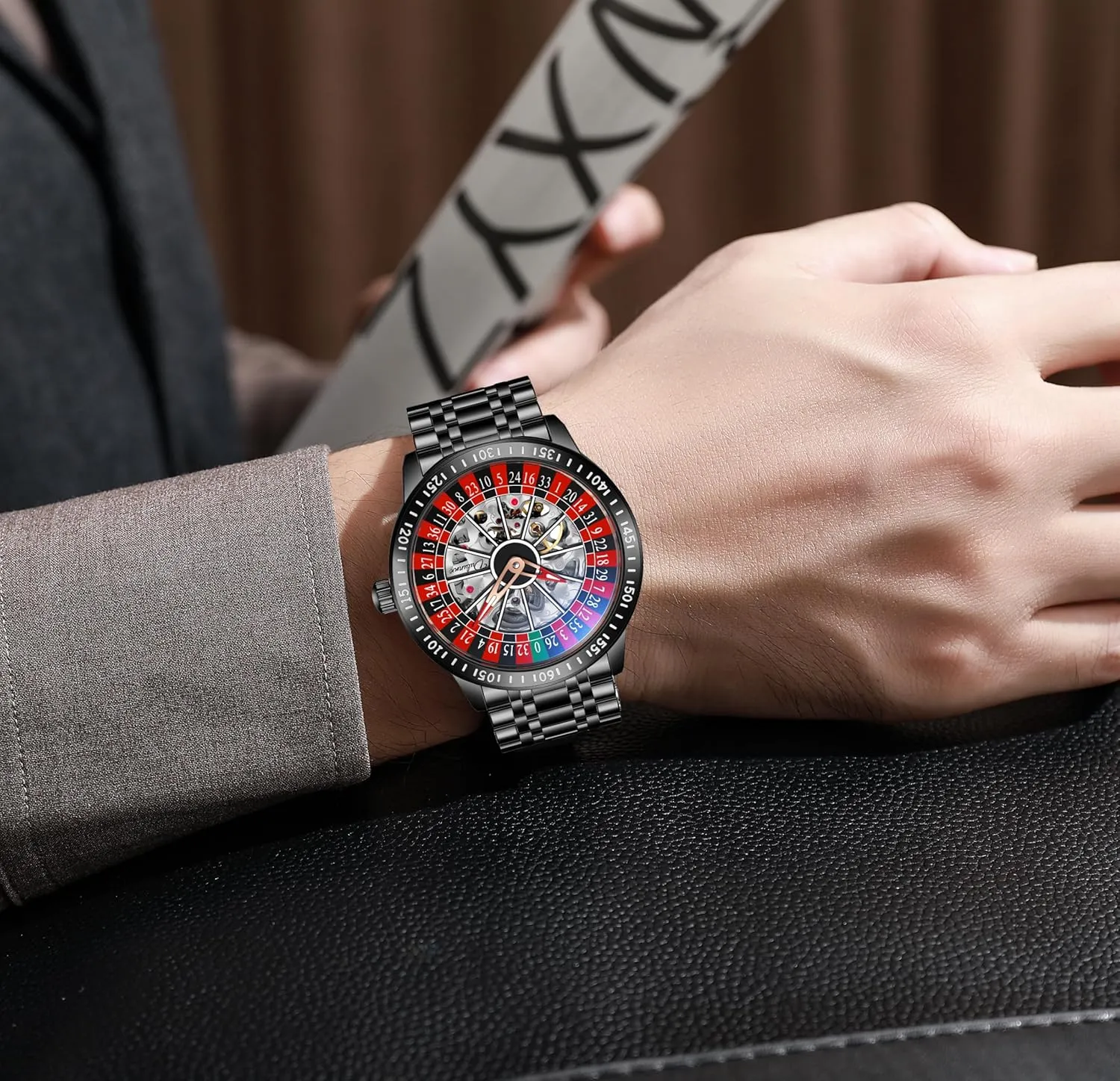MASTOP Roulette Wheel Mens Watches Automatic Mechanical Watch for Men Swinging Rotary Dial Design Hollow Skeleton Watches Stainless Steel Waterproof Business Wristwatch