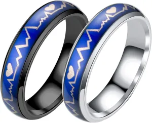 Matching Rings, Matching Rings for Couples Stainless Steel Heartbeat Temperature Color Change Rings Silver&Black Anniversary Rings for Him Her Size 6-12