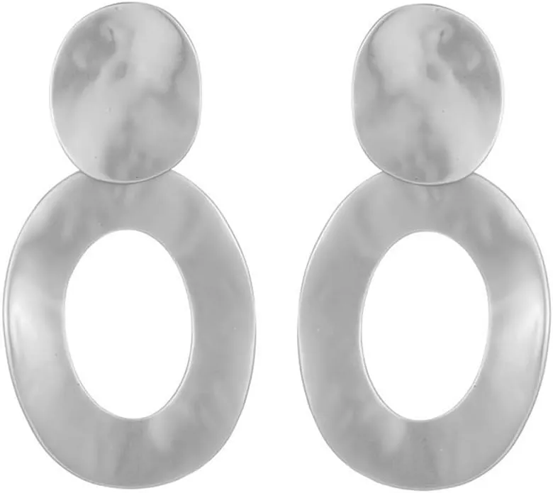 Matte Gold Silver Harmmered Disc Clip On Earrings for Women Big Oval Hoop Dangle Clip Earrings for Women Girls Gift