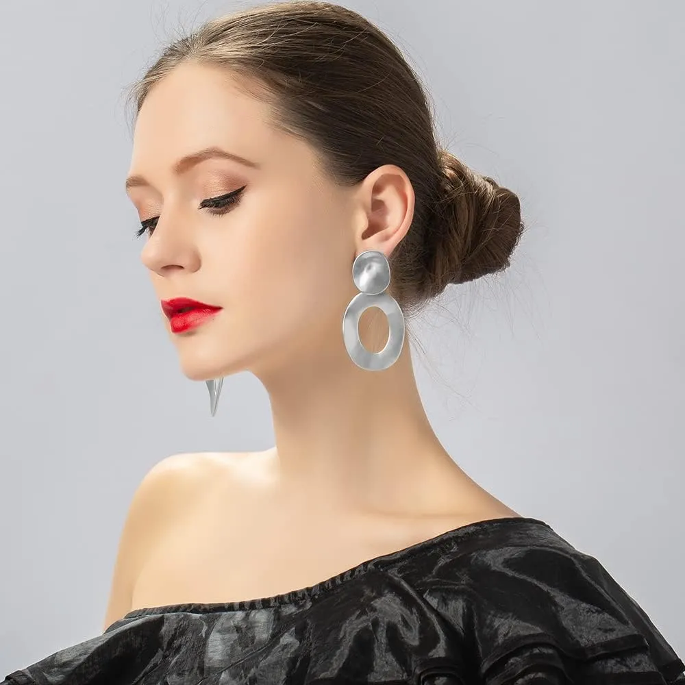 Matte Gold Silver Harmmered Disc Clip On Earrings for Women Big Oval Hoop Dangle Clip Earrings for Women Girls Gift