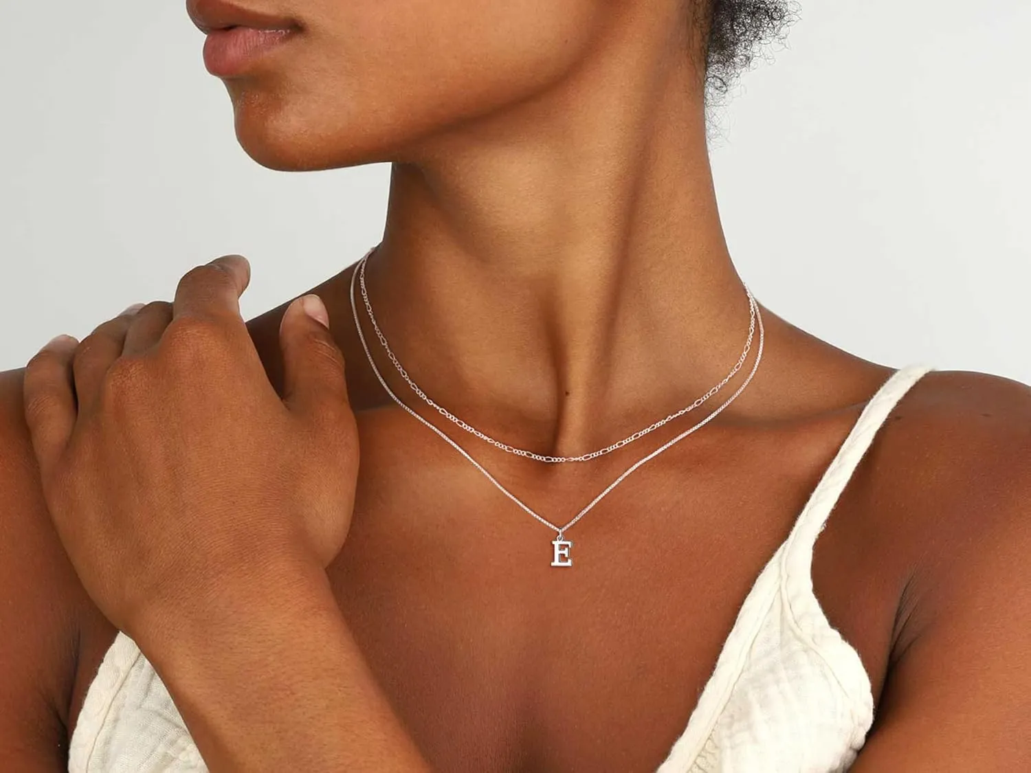 MBW Silver Initial Necklaces for Women Trendy, 14K Layered Necklace for Women Dainty Silver Letter Pendant Figaro Choker Necklaces Costume Monogram Name Necklace Silver Simple Tiny Jewelry Set