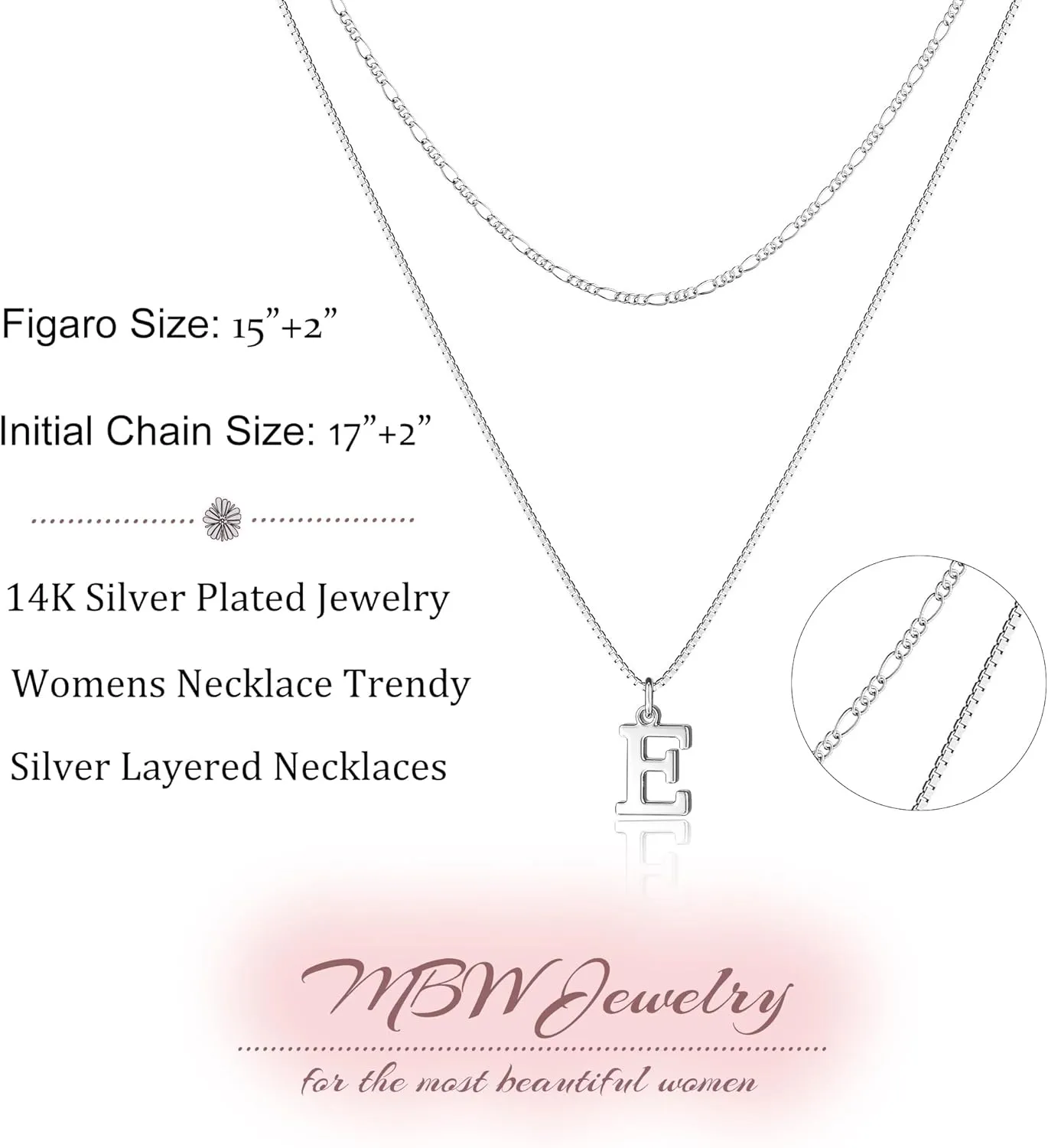 MBW Silver Initial Necklaces for Women Trendy, 14K Layered Necklace for Women Dainty Silver Letter Pendant Figaro Choker Necklaces Costume Monogram Name Necklace Silver Simple Tiny Jewelry Set