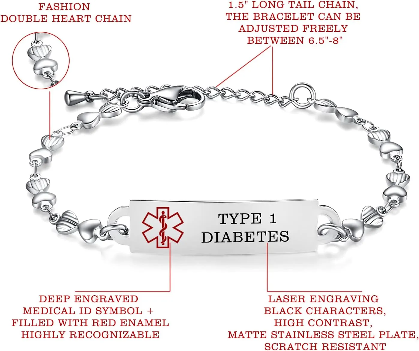Medical Alert Bracelets for Women Adjustable Personalized Free Engrave Medical ID Bracelets 6.5-8 Inch
