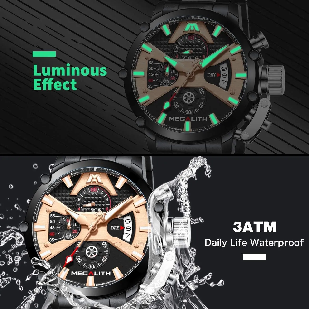 MEGALITH Men's Watch 45mm Stainless Steel Chronograph Waterproof Analog Quartz Date Heavy Duty Watches for Men Metal Luminous Multifunctional Cool Designer Gents Wrist Watches