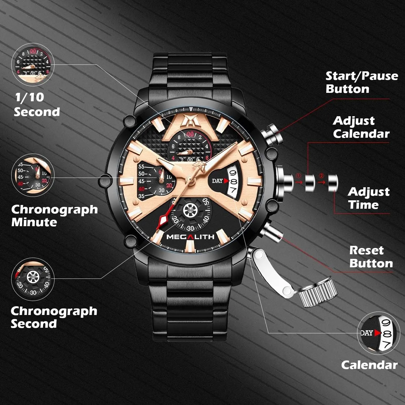 MEGALITH Men's Watch 45mm Stainless Steel Chronograph Waterproof Analog Quartz Date Heavy Duty Watches for Men Metal Luminous Multifunctional Cool Designer Gents Wrist Watches