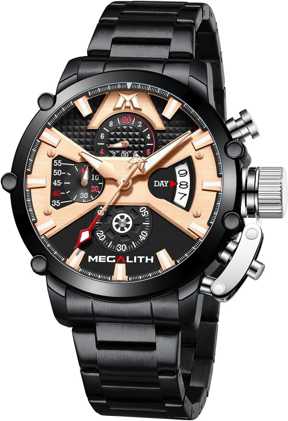 MEGALITH Men's Watch 45mm Stainless Steel Chronograph Waterproof Analog Quartz Date Heavy Duty Watches for Men Metal Luminous Multifunctional Cool Designer Gents Wrist Watches