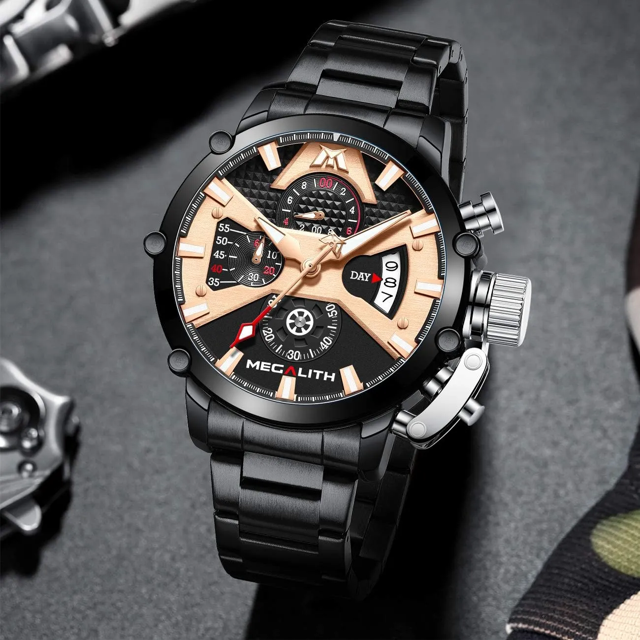 MEGALITH Men's Watch 45mm Stainless Steel Chronograph Waterproof Analog Quartz Date Heavy Duty Watches for Men Metal Luminous Multifunctional Cool Designer Gents Wrist Watches
