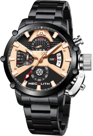 MEGALITH Men's Watch 45mm Stainless Steel Chronograph Waterproof Analog Quartz Date Heavy Duty Watches for Men Metal Luminous Multifunctional Cool Designer Gents Wrist Watches