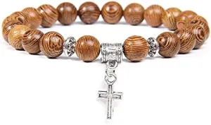 Men Beads Bracelet Slivers Color Cross Pendant Bracelet Natural Stone Bracelets Charm for Women Healing Prayer Jewelry (Metal Color: Malachite - Length: 19CM)