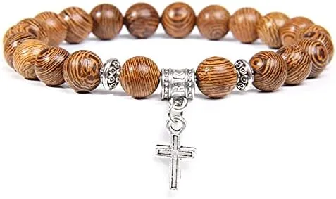 Men Beads Bracelet Slivers Color Cross Pendant Bracelet Natural Stone Bracelets Charm for Women Healing Prayer Jewelry (Metal Color: Malachite - Length: 19CM)