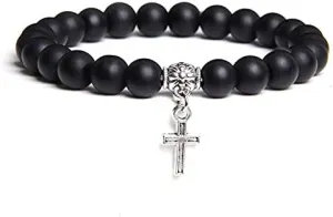 Men Beads Bracelet Slivers Color Cross Pendant Bracelet Natural Stone Bracelets Charm for Women Healing Prayer Jewelry (Metal Color: Matte Black Glass - Length: 19CM)