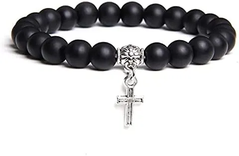 Men Beads Bracelet Slivers Color Cross Pendant Bracelet Natural Stone Bracelets Charm for Women Healing Prayer Jewelry (Metal Color: Matte Black Glass - Length: 19CM)