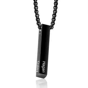 Men Stainless Steel Vertical Bar Pendant Necklaces Custom Name Engraving 3 Colors 4 Sides (Black)