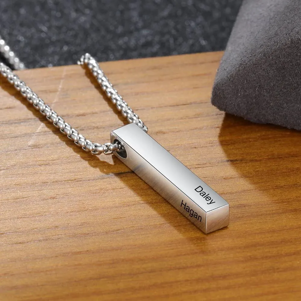 Men Stainless Steel Vertical Bar Pendant Necklaces Custom Name Engraving 3 Colors 4 Sides (Black)