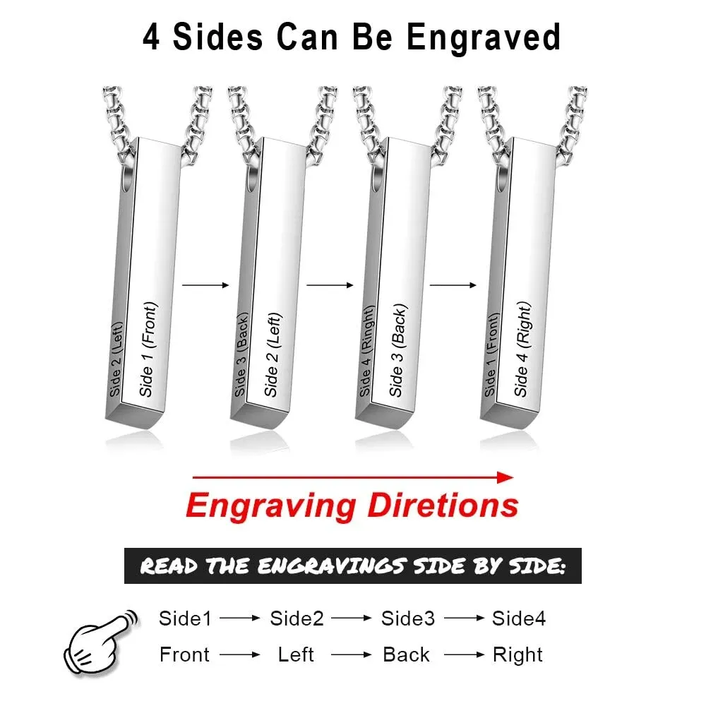 Men Stainless Steel Vertical Bar Pendant Necklaces Custom Name Engraving 3 Colors 4 Sides (Black)