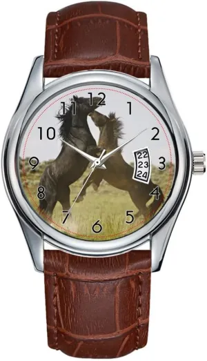 Men Watch Casual Waterproof Quartz Watches Clock Date Classic Business Brown Leather Christmas Wristwatch Feral Horse Equus caballus Wild Horses Watches