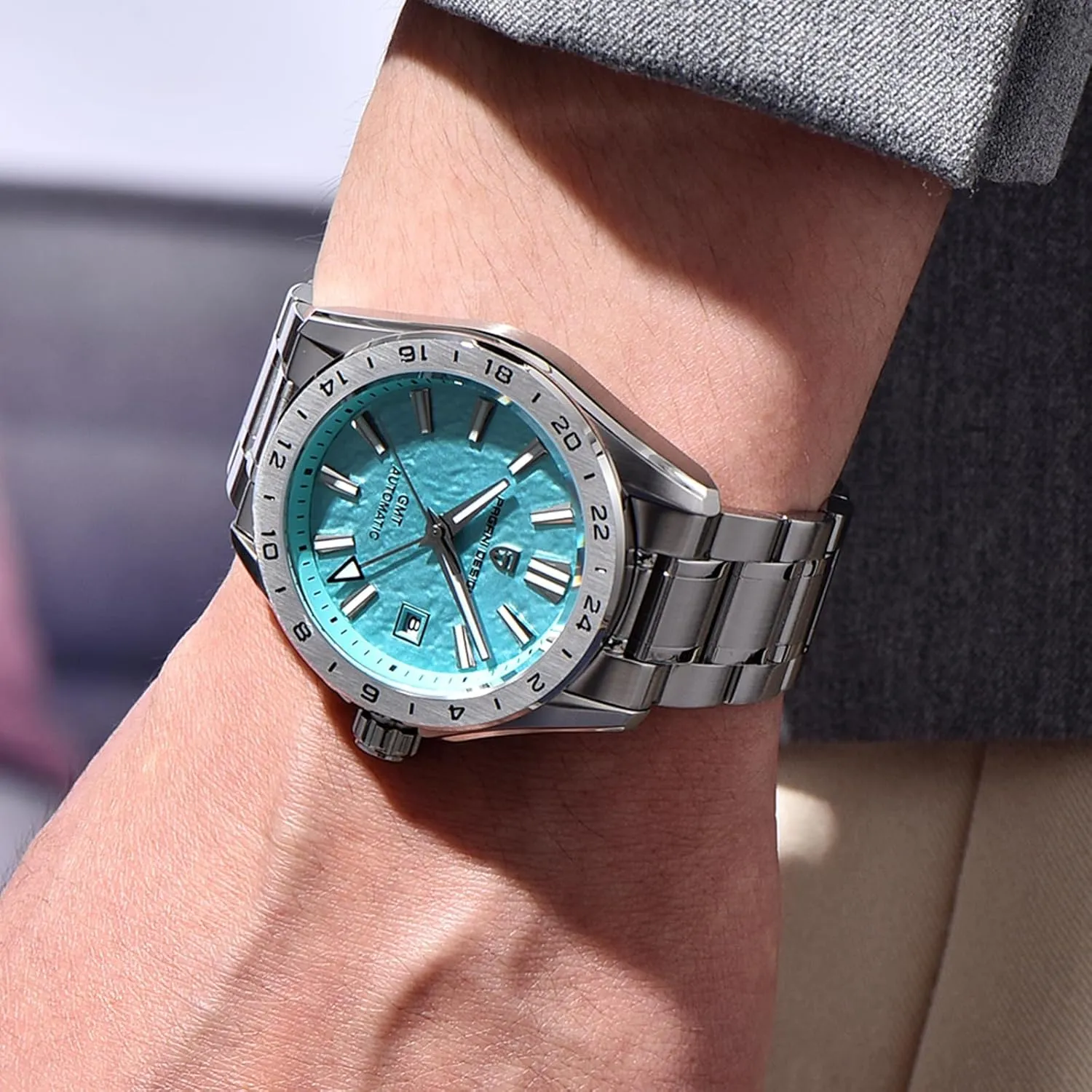 Men Watch Pagani Design GMT Automatic Watches for Men and Women Mechanical Automatic Winding 100M Waterproof Stainless Steel Sapphire Glass(Sky Blue)