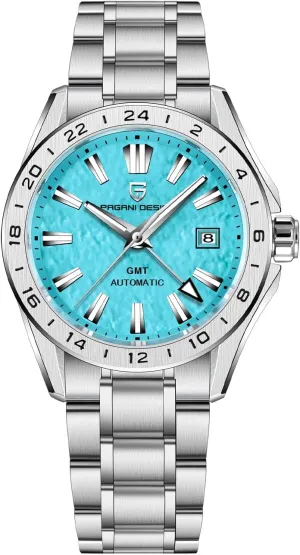 Men Watch Pagani Design GMT Automatic Watches for Men and Women Mechanical Automatic Winding 100M Waterproof Stainless Steel Sapphire Glass(Sky Blue)