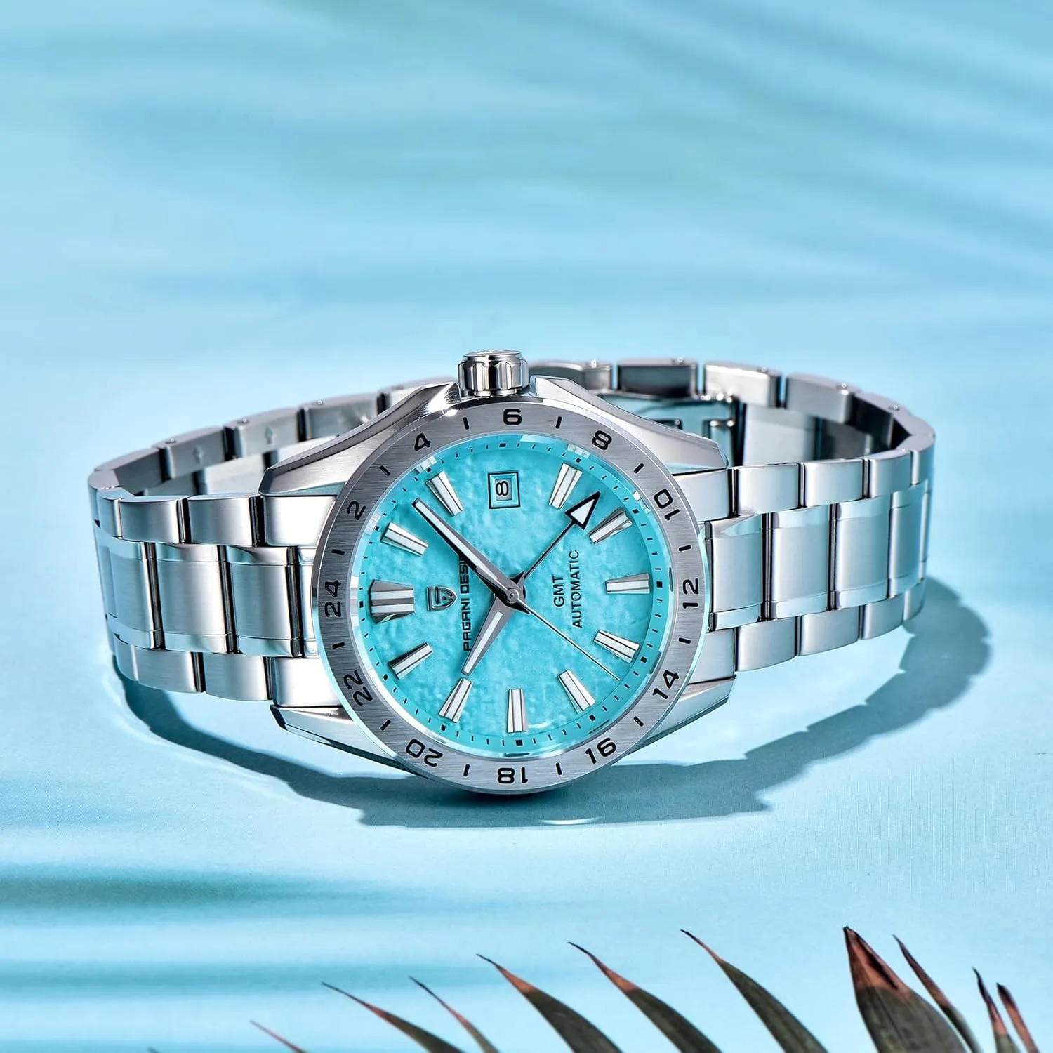 Men Watch Pagani Design GMT Automatic Watches for Men and Women Mechanical Automatic Winding 100M Waterproof Stainless Steel Sapphire Glass(Sky Blue)