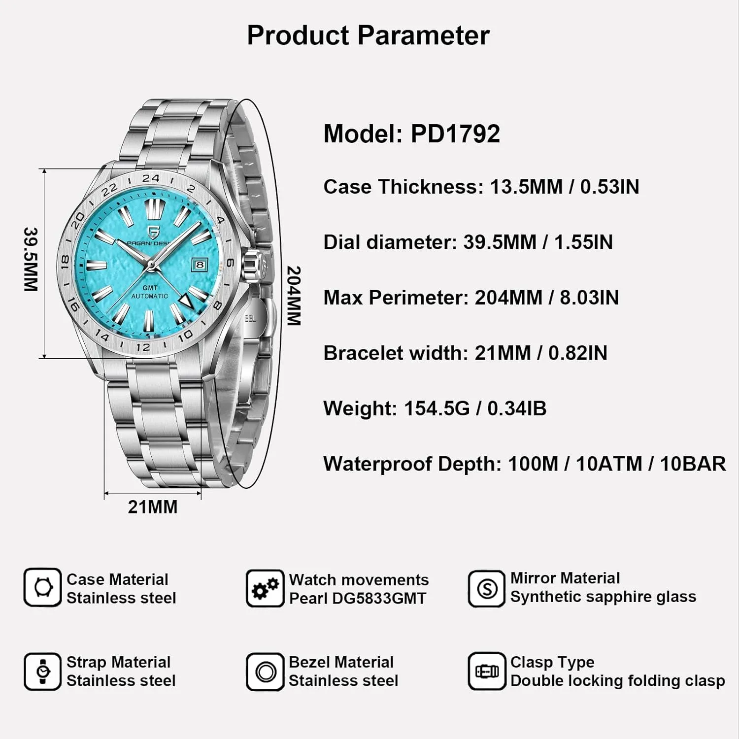 Men Watch Pagani Design GMT Automatic Watches for Men and Women Mechanical Automatic Winding 100M Waterproof Stainless Steel Sapphire Glass(Sky Blue)