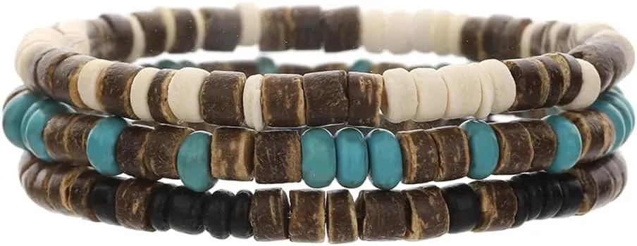 Mens Beaded Bracelets Adjustable Stretchy Rope Natural Wooden Beads Bracelet Set Turquoise Bracelets for Men 3PCS