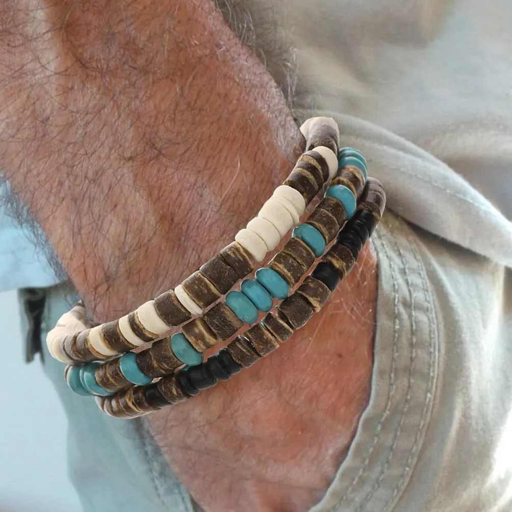Mens Beaded Bracelets Adjustable Stretchy Rope Natural Wooden Beads Bracelet Set Turquoise Bracelets for Men 3PCS