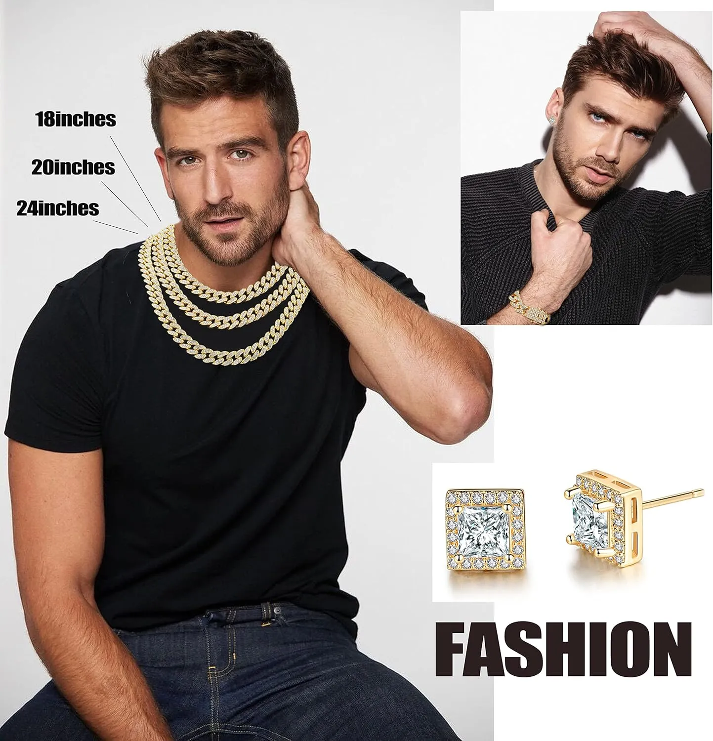 Mens Chains Diamond Cuban Link Chain Necklace Bracelets Set for Men Women Bling Bling Hip Hop Jewelry