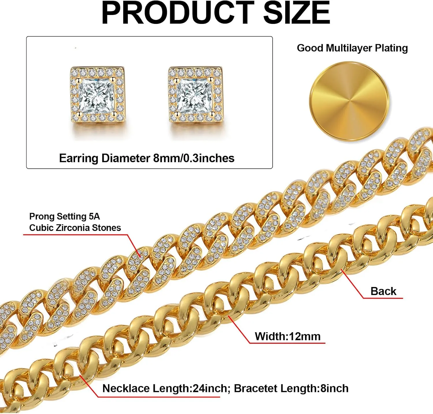 Mens Chains Diamond Cuban Link Chain Necklace Bracelets Set for Men Women Bling Bling Hip Hop Jewelry