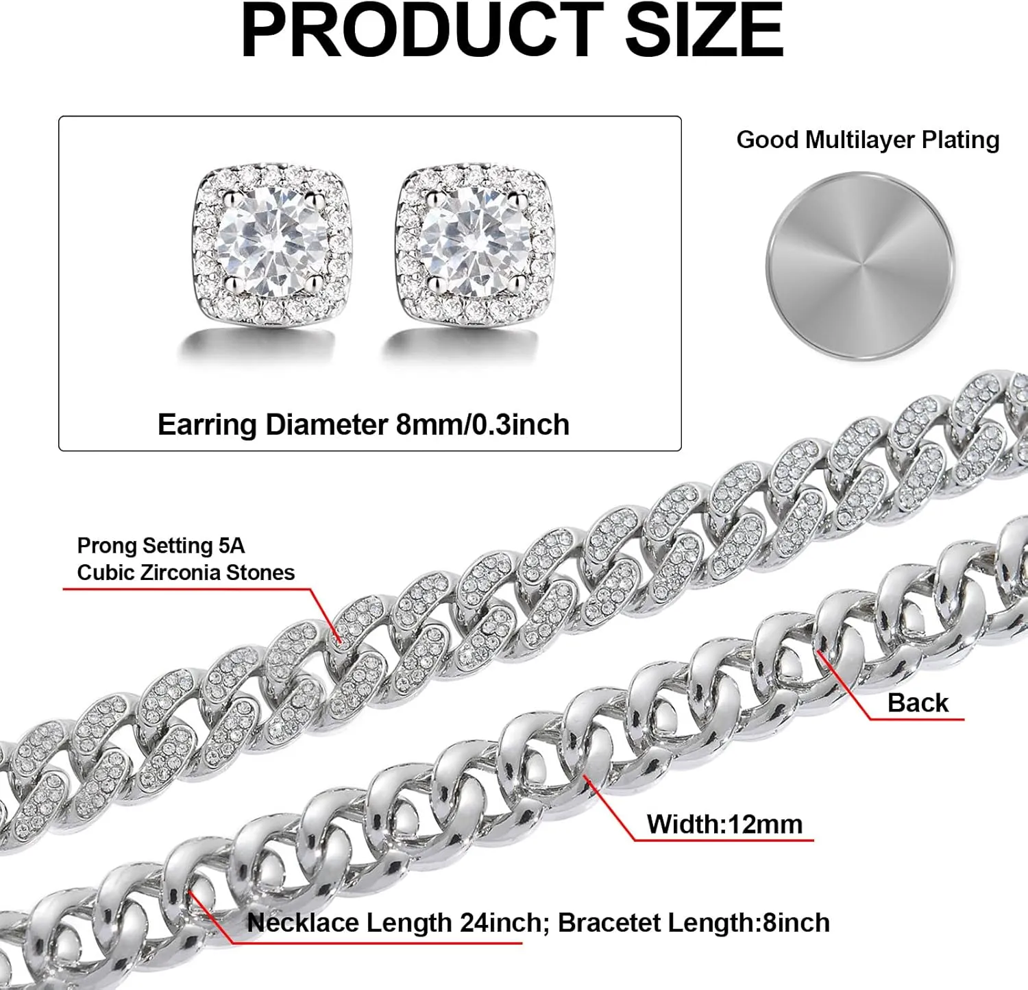 Mens Chains Diamond Cuban Link Chain Necklace Bracelets Set for Men Women Bling Bling Hip Hop Jewelry