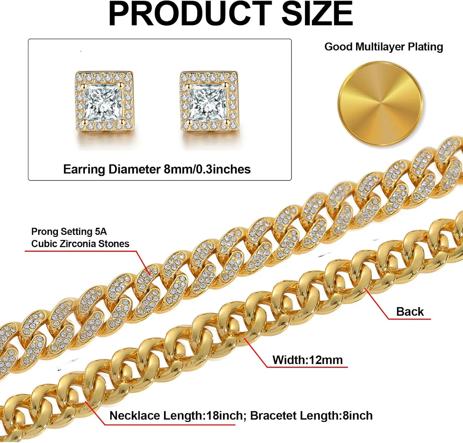 Mens Chains Diamond Cuban Link Chain Necklace Bracelets Set for Men Women Bling Bling Hip Hop Jewelry