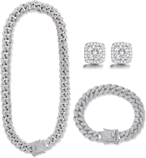 Mens Chains Diamond Cuban Link Chain Necklace Bracelets Set for Men Women Bling Bling Hip Hop Jewelry