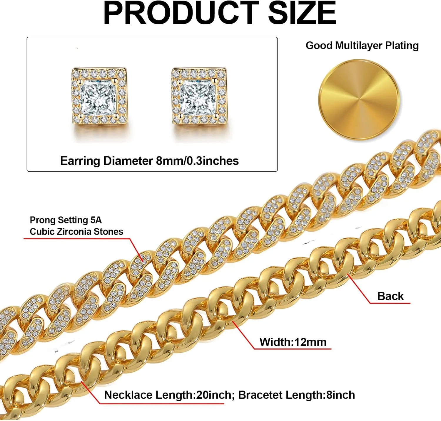 Mens Chains Diamond Cuban Link Chain Necklace Bracelets Set for Men Women Bling Bling Hip Hop Jewelry
