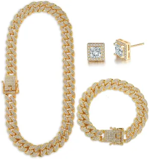 Mens Chains Diamond Cuban Link Chain Necklace Bracelets Set for Men Women Bling Bling Hip Hop Jewelry