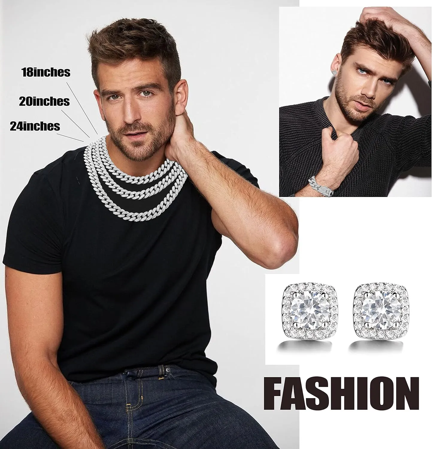 Mens Chains Diamond Cuban Link Chain Necklace Bracelets Set for Men Women Bling Bling Hip Hop Jewelry