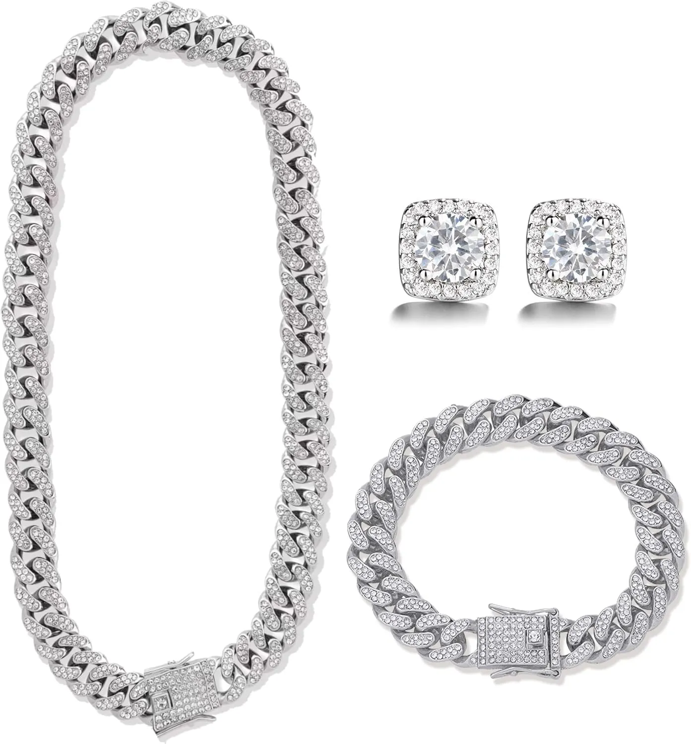 Mens Chains Diamond Cuban Link Chain Necklace Bracelets Set for Men Women Bling Bling Hip Hop Jewelry