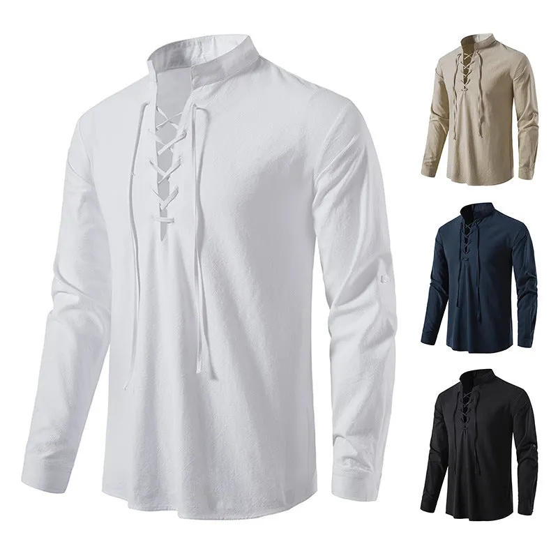 Men's V-Neck Drawstring Cotton Linen Henley Shirt Long Sleeve Hippie Casual Beach T Shirts | A275