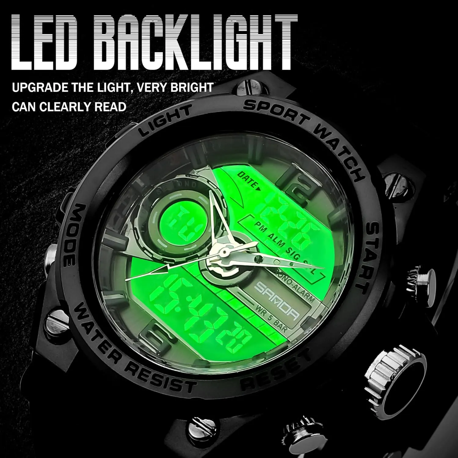 Men's Watches for Men Sports Outdoor Waterproof Military Watch Analog Digital Display Tactics Watch with LED Alarm Stopwatch Hourly Chime Multi-Function Wrist Watches