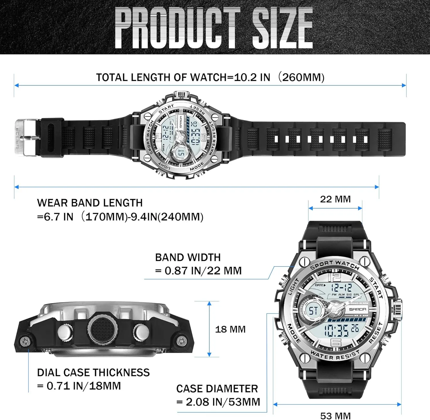 Men's Watches for Men Sports Outdoor Waterproof Military Watch Analog Digital Display Tactics Watch with LED Alarm Stopwatch Hourly Chime Multi-Function Wrist Watches