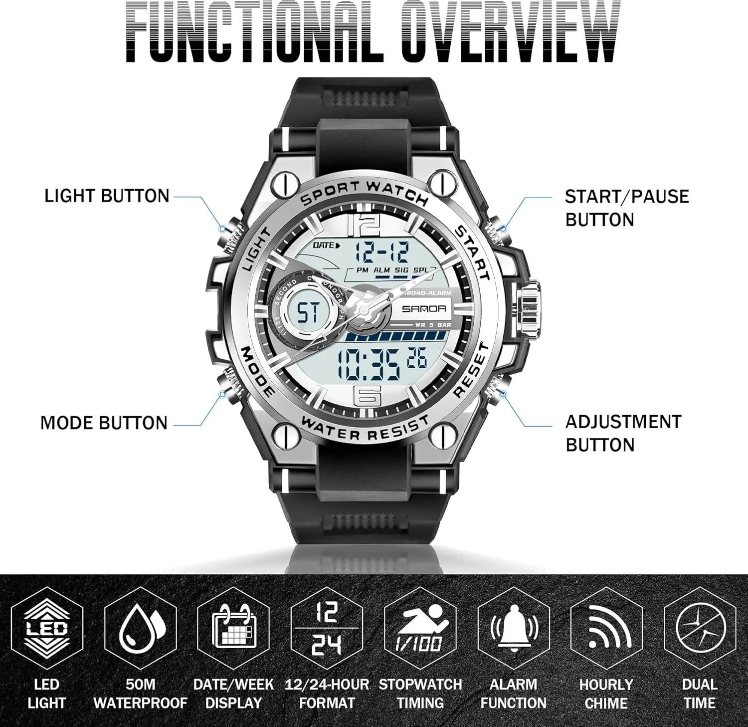 Men's Watches for Men Sports Outdoor Waterproof Military Watch Analog Digital Display Tactics Watch with LED Alarm Stopwatch Hourly Chime Multi-Function Wrist Watches