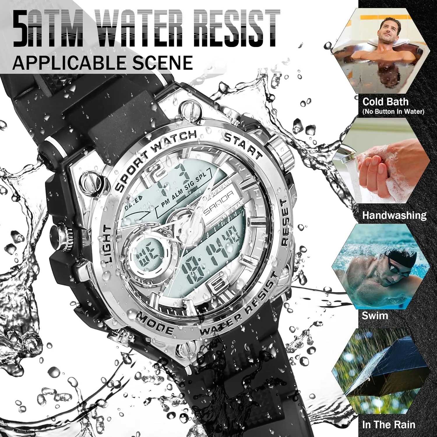 Men's Watches for Men Sports Outdoor Waterproof Military Watch Analog Digital Display Tactics Watch with LED Alarm Stopwatch Hourly Chime Multi-Function Wrist Watches