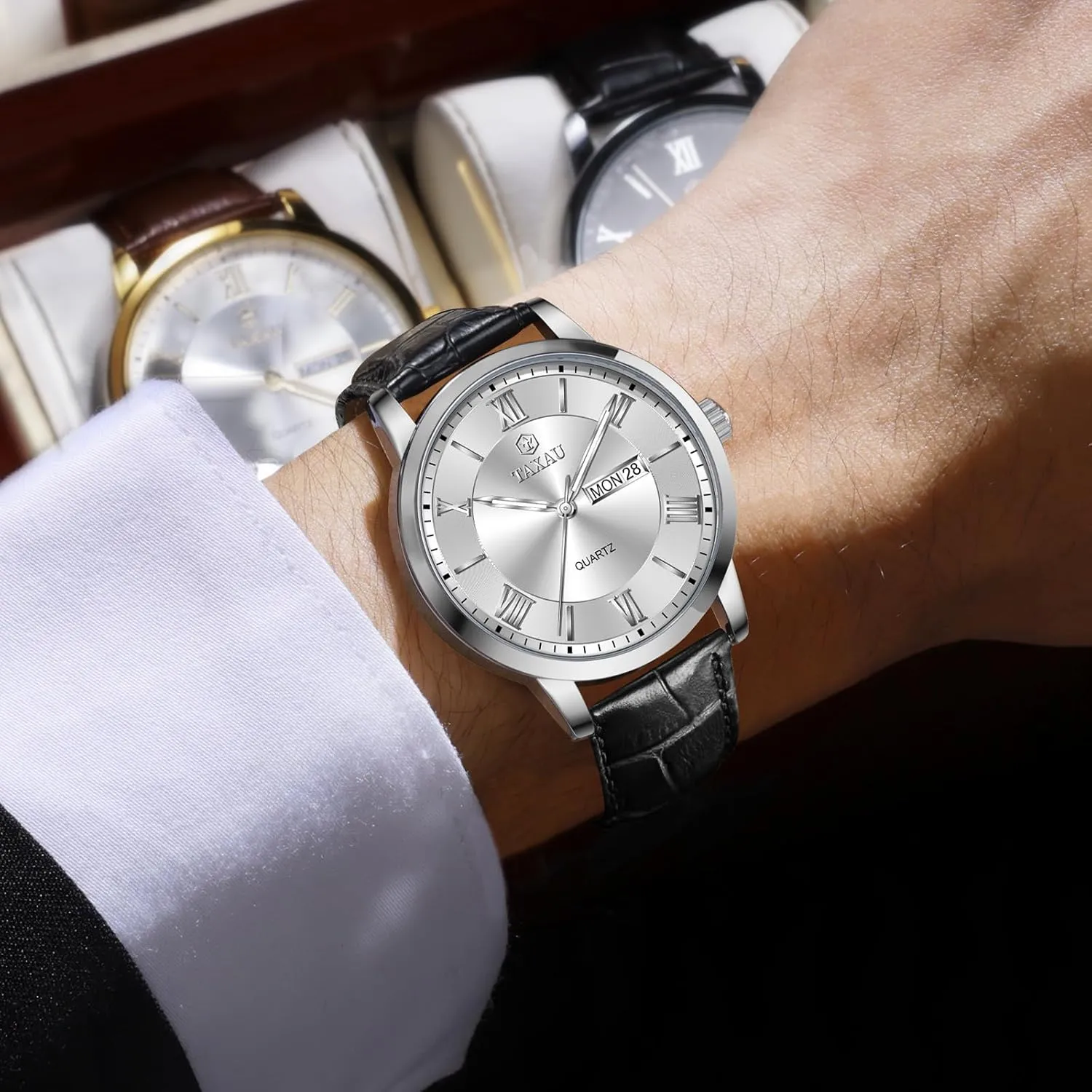 Men's Watches Leather Band Stainless Steel Quartz Analog Watch Easy Read Luxury Waterproof Watches for Men Dress Men's Wrist Watch with Day Date Arabic Numeral